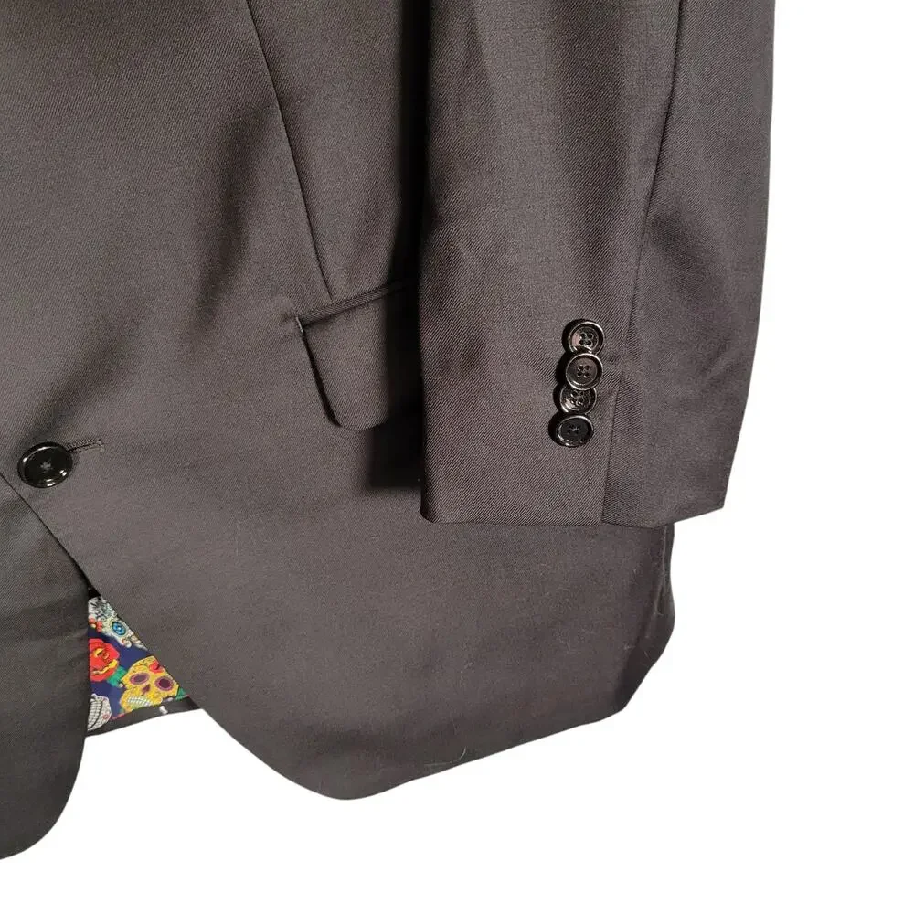 Indochino Black 100% Wool Custom Suit 42R Skull Lining 36x26 2 Pc